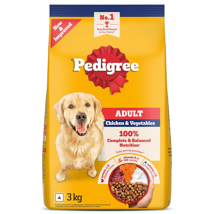 Pedigree dog food package with a yellow background and a dog on it.